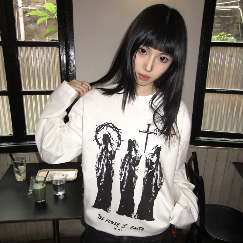American Printed Oversize Long-sleeved Women's T-shirt Retro StreeAutumn Women's Top Fashion Loose Casual Women's Clothes Y2k