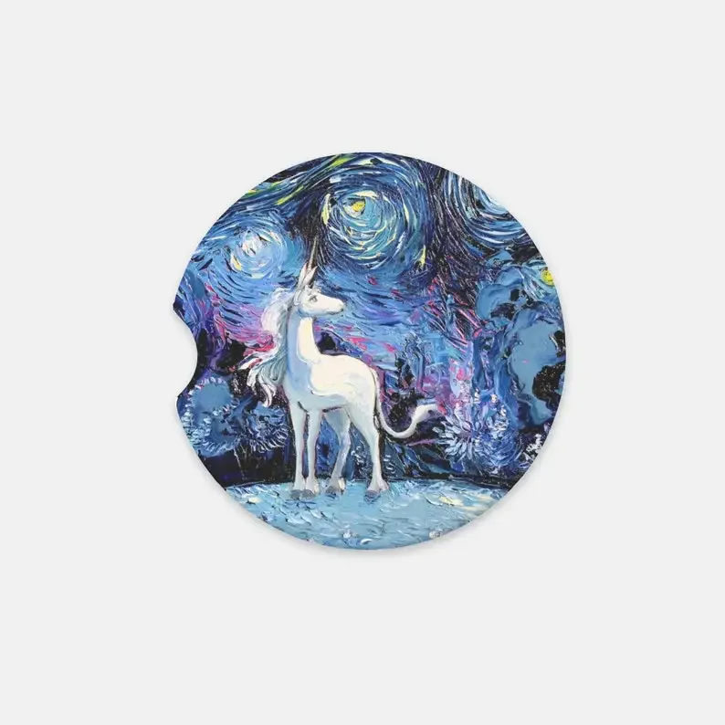 2pcs Sandstone Car Coaster - Starry Night Unicorn Fantasy Artwork Car Interior Cup Holder Padre!