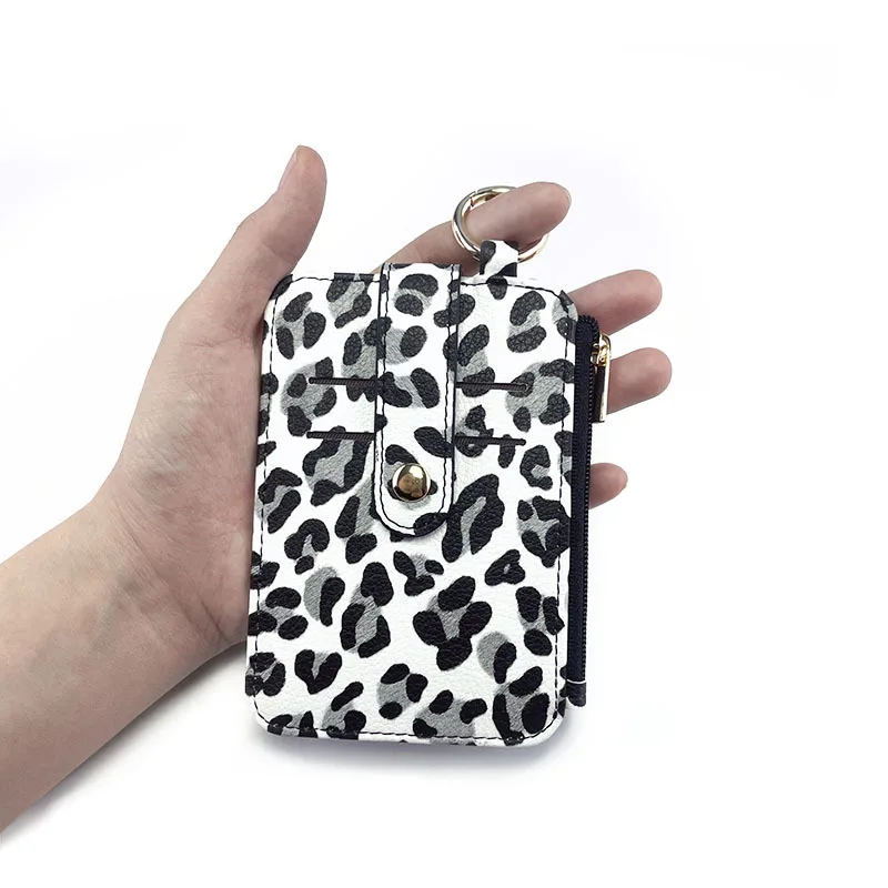Fashion Leopard Print PU Leather Multi-Function Card Holder Compact Zip Coin Purse with MultiSlot Wallet Keychain Accessory