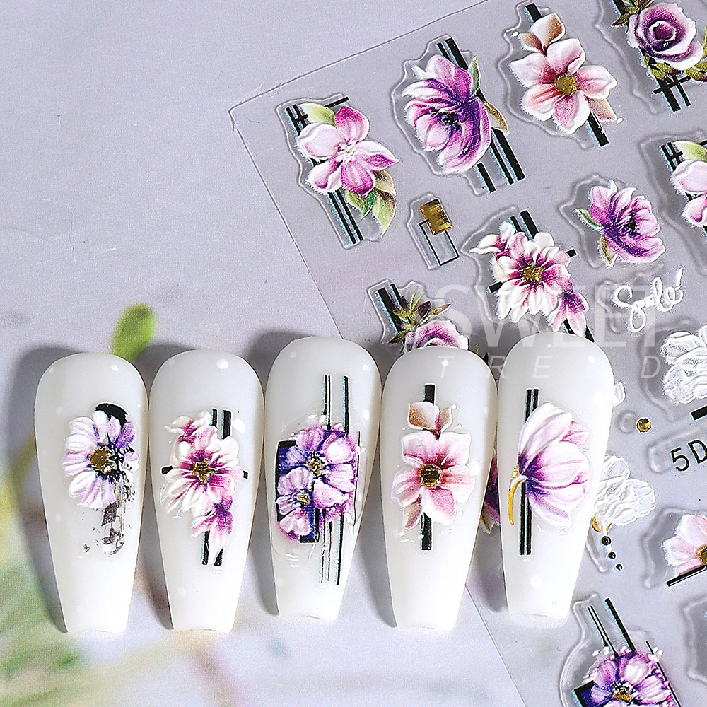 Adesivi per nail art con fiori geometrici viola Decalcomanie per unghie invernali autoadesive in rilievo 5D per decorazioni per manicure di San Valentino