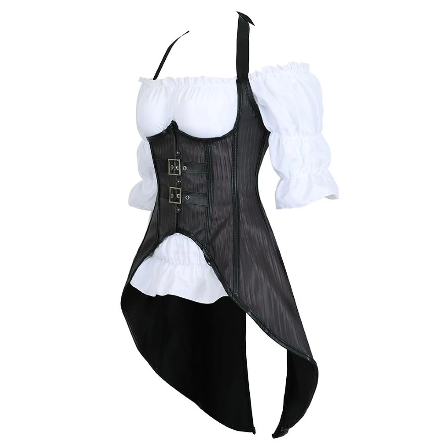 Camicetta corsetto a righe Punk gotico 2 pezzi spalline lunghe irregolare Bustier Top Vest Burlesque Costume da pirata