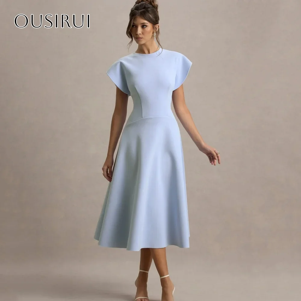 

Simple Short Sleeves Cocktail Dresses Satin O Neck A Line Pleated Tea Length Party Dresses Customized Vestido De Novia
