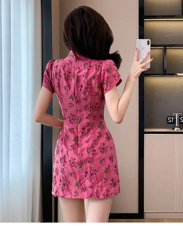 New Fashion Modern Trend Flower Cheongsam Dress For Women Summer Jacquard Short Sleeve Qipao Traditional Chinese Clothing