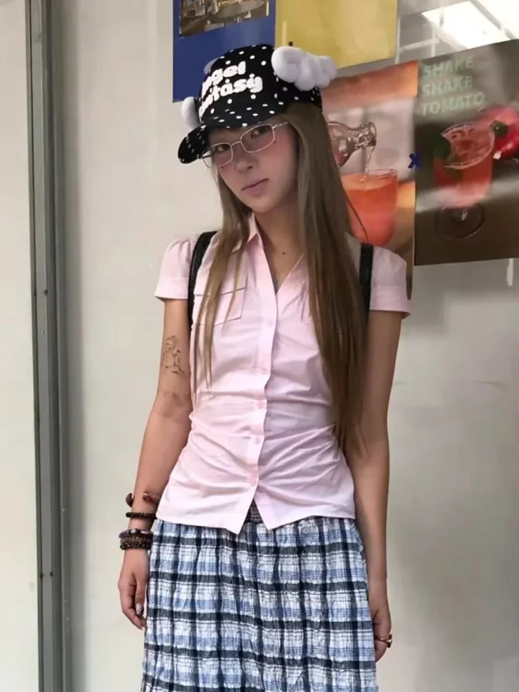 Women Y2K Pink Fitted Short Sleeve Shirt Lapel Collar Ruched Waist Pocket Decor Slim Fit Sweet Preppy Blouse Top