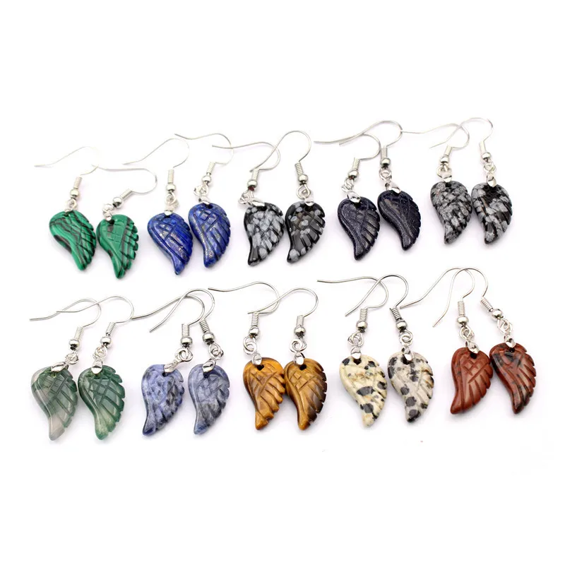 

olly Natural Carved Healing Reiki Crystal Quartz Stone Earring Amethysts Lapis Lazuli Angel Wing Dangle Hook Stone Earrings