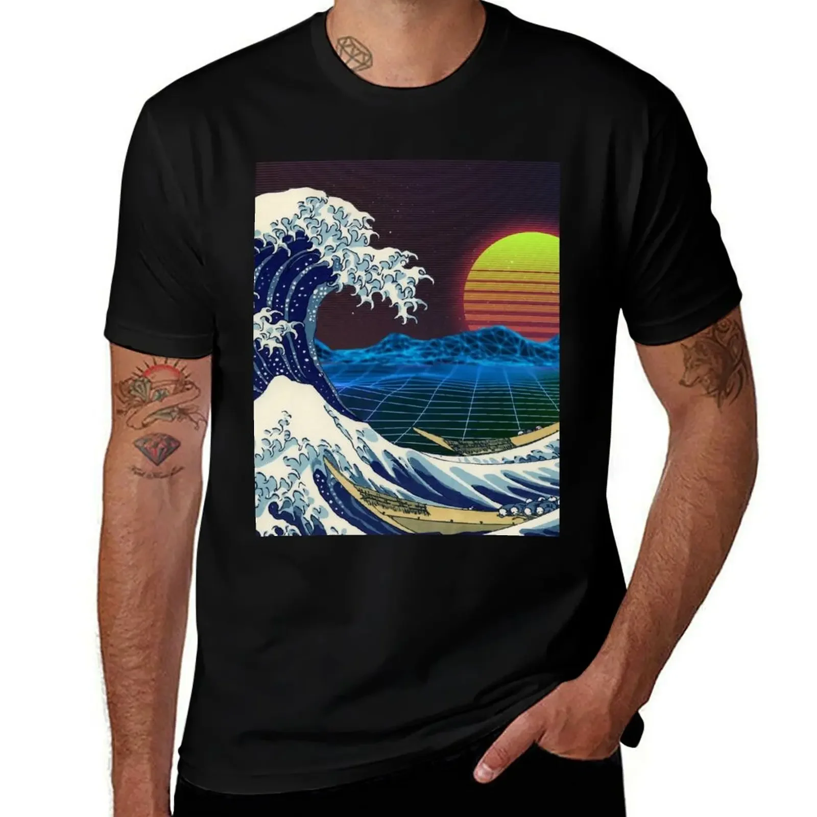 Synthwave Space: The Great Wave off Kanagawa T-Shirt sublime Short sleeve tee blue lock t shirts for men