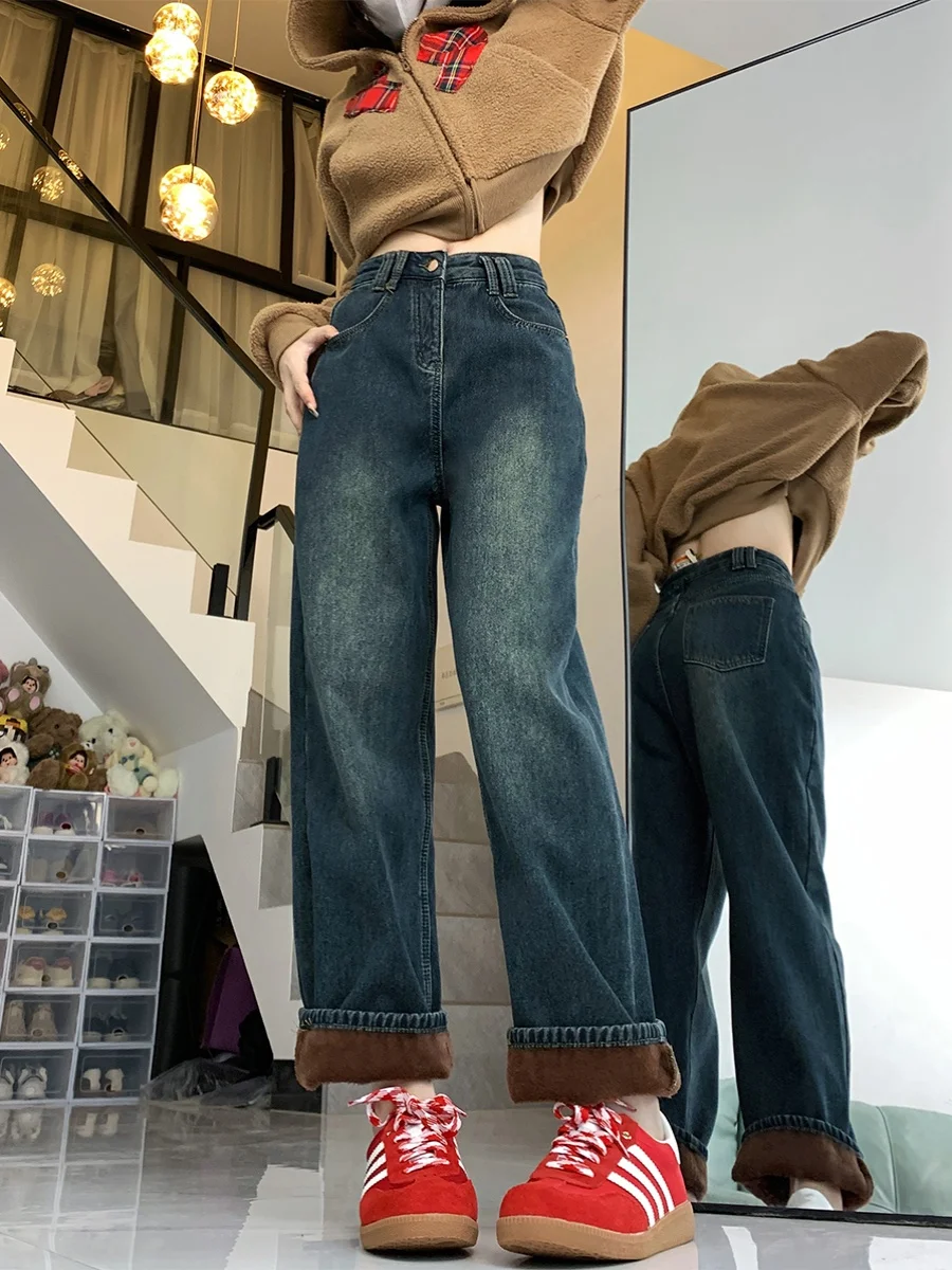 

plus Size Fce Lined Thiened Retro Denim Jeans Women's Autumn Winter New Sle Loose Slim High Waist Straight Leg Wide Le...