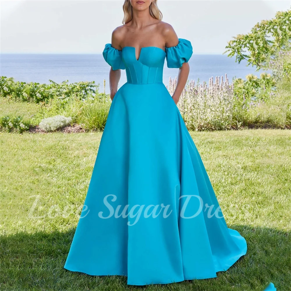 Satin A Line Evening Dress For Women V Neck Detachable Sleeves Prom Dresses Pleated Long Formal Party Gowns With Pockets