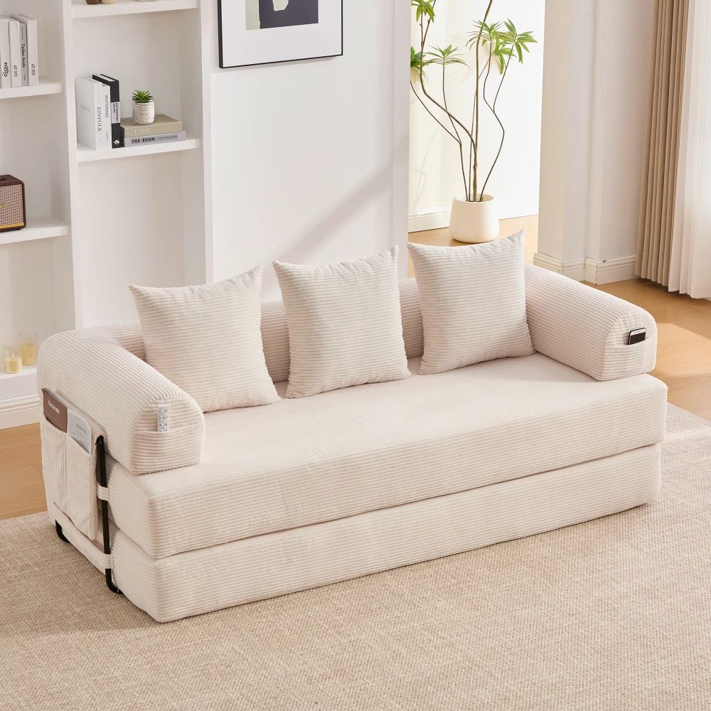 Składana sofa kompresyjna z metalową ramą, bocznymi kieszeniami i 3 poduszkami. Wolnośmiertelnie konfigurowalny. Nowoczesna kombinacja metalu i tkaniny