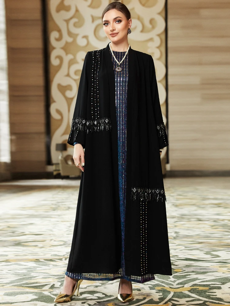 Eid Arab Muslim Party Abayas for Women Dress Tassel Sleeve Jalabiya Long Dresses Kaftan Vestidos Dubai Ramadan Gown Robe 2024