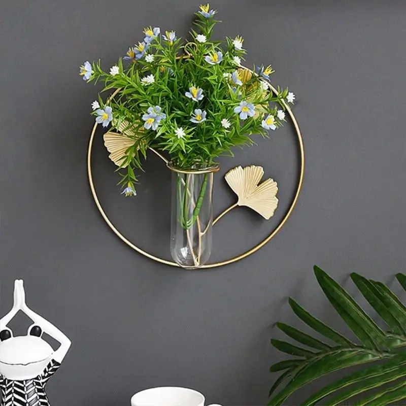 QX2E for Creative Wall Hanging Plants Vase with Metal Ginkgo Frame Stand Geometric Glass Test Tube Hydroponic Planters