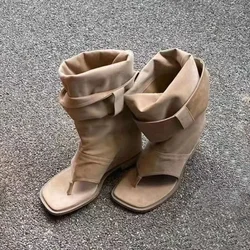 Hot Girls Khaki Black Suede Square Clip Toe altezza interna che aumenta la fibbia della cintura per il tempo libero stivali alti al ginocchio scarpe estive da donna 2024