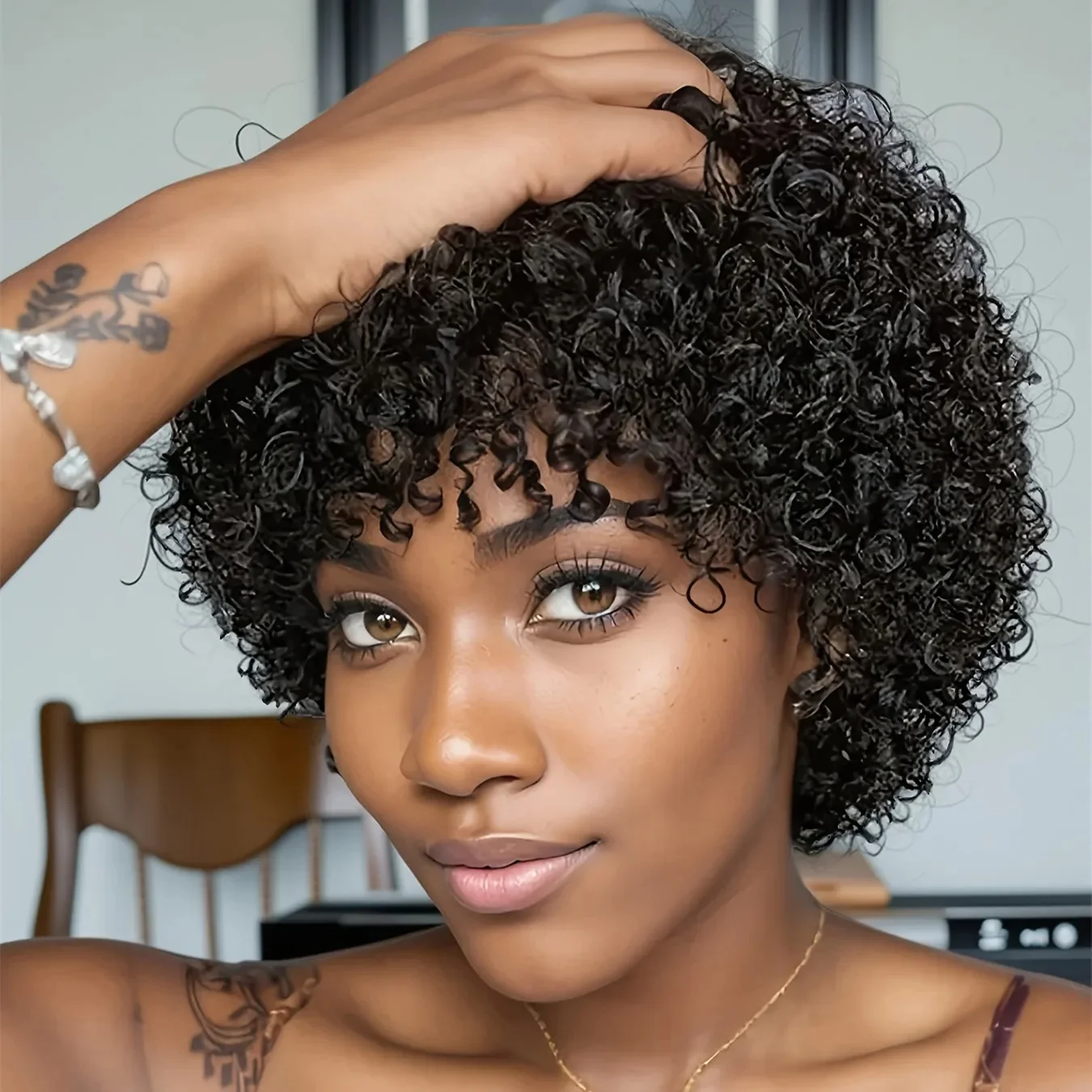 

Натуральный парик из человеческих волос, афро-кудрявый, в стиле пикси с челкой, полностью машинной работы, для женщин