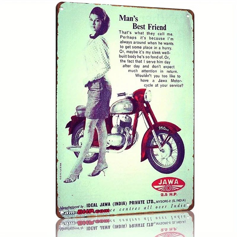 Vintage Jawa Motorcycle Advertisement Metal Poster - Retro Garage Decor with Woman Rider & for Man's Best Friend Text Heavy