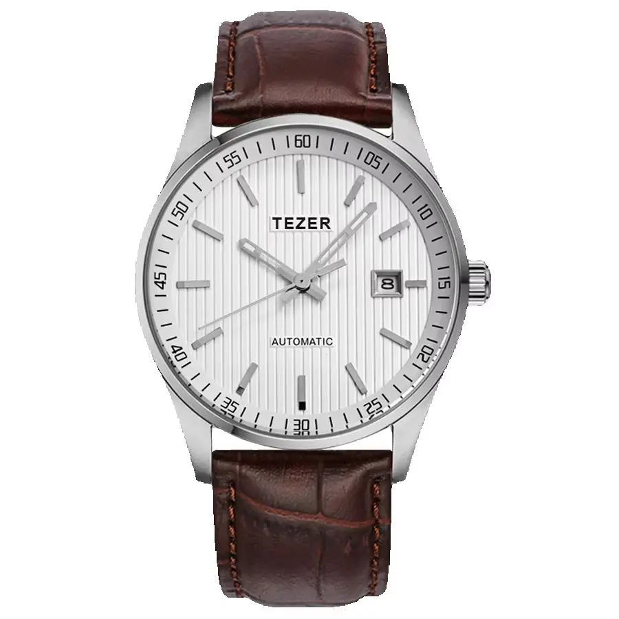 TEZER Men Automatic Watch | Brown Textured Strap | Vertical Striped Dial | Date Window | 50M Water Resistant