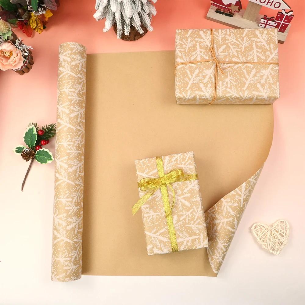 1 Roll Christmas Wrapping Paper Roll, Vintage Kraft Wrapping Paper, 17 Inch x 49 Feet, White Pine Branches Design Gift Wrapping
