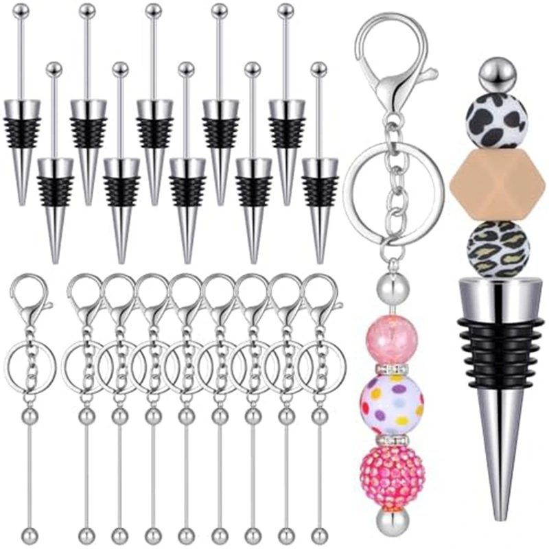 

20Pcs Beaded Key Chains Blank Beaded Wine Bottle Stopper Kit Silver&Black Metal For Crafts Making Gifts
