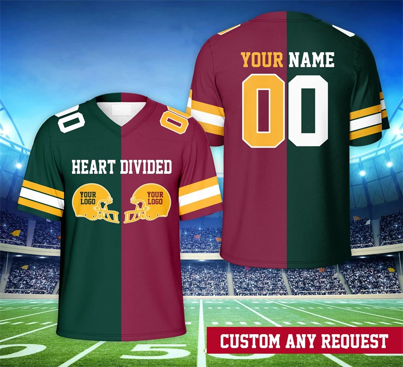 Fashion Split Two Color Football Jersey Custom Name Logo Number 3D Printed Rugby T Shirts Loose Quick Dry Sports V Neck Tees