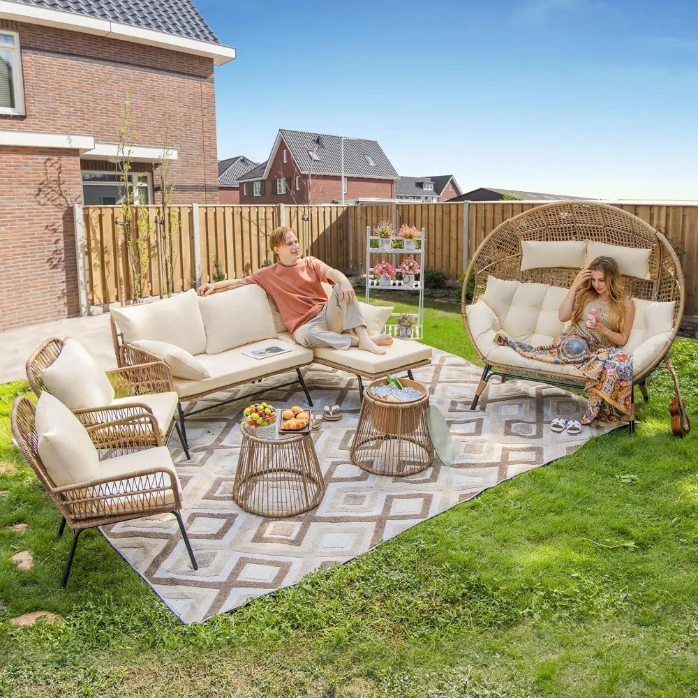 

7 Pieces Beige Boho Outdoor Patio Furniture Sets with Double Stationary Egg Chair, Small Wicker Conversation Sectional Sofa Set