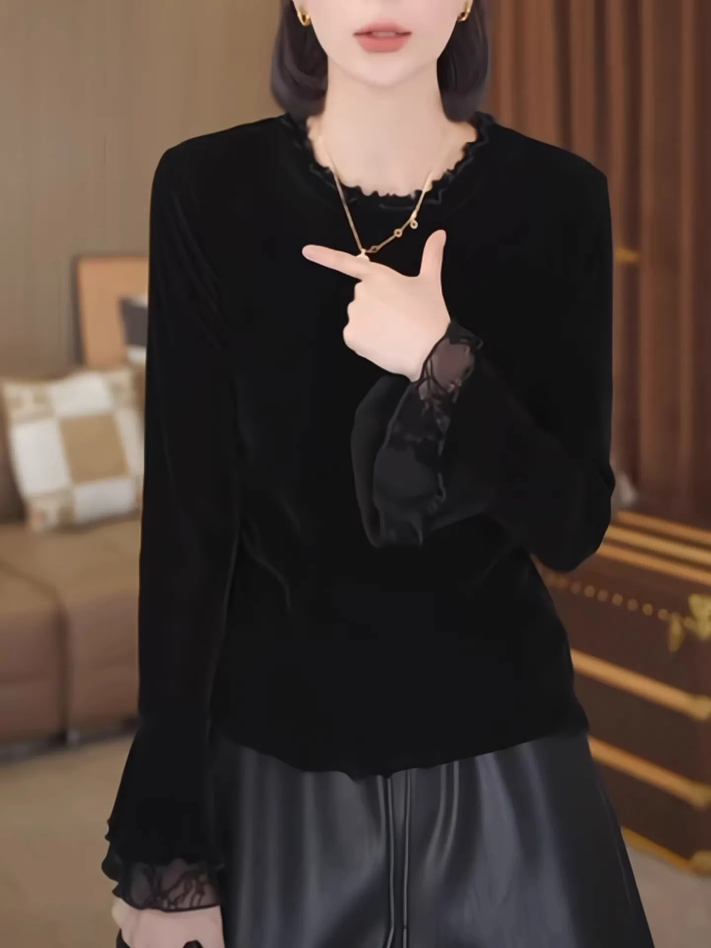 

French Sle Lace Long Sve Velvet Base irt Women's Slimming T-irt Spring Season Daily Wear round Ne Regular Length