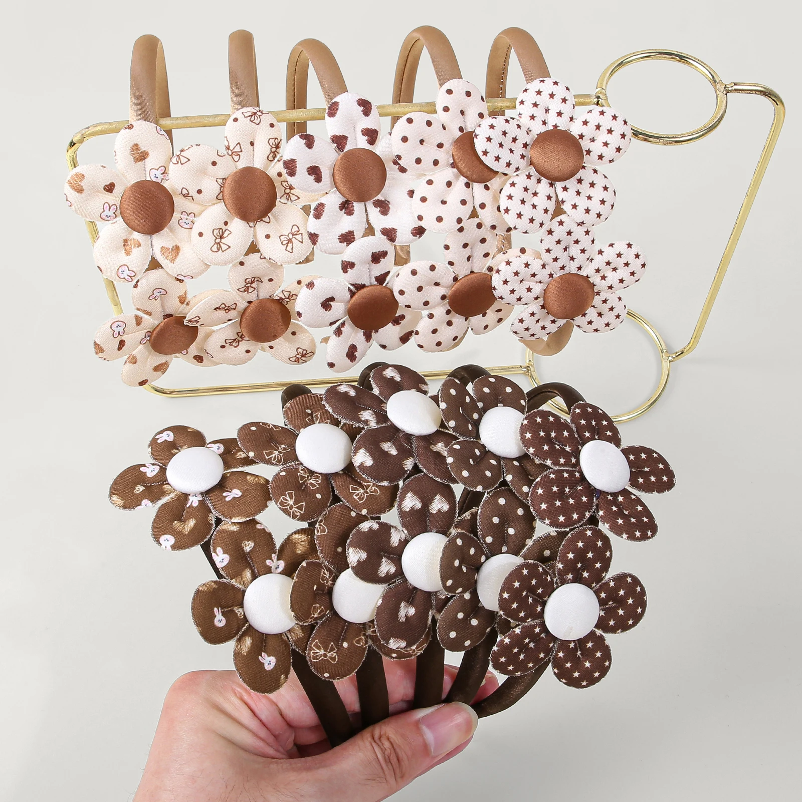 5/10 pieces, polka dot fabric flower headband, sweet coffee colored daisy girl hair accessory.