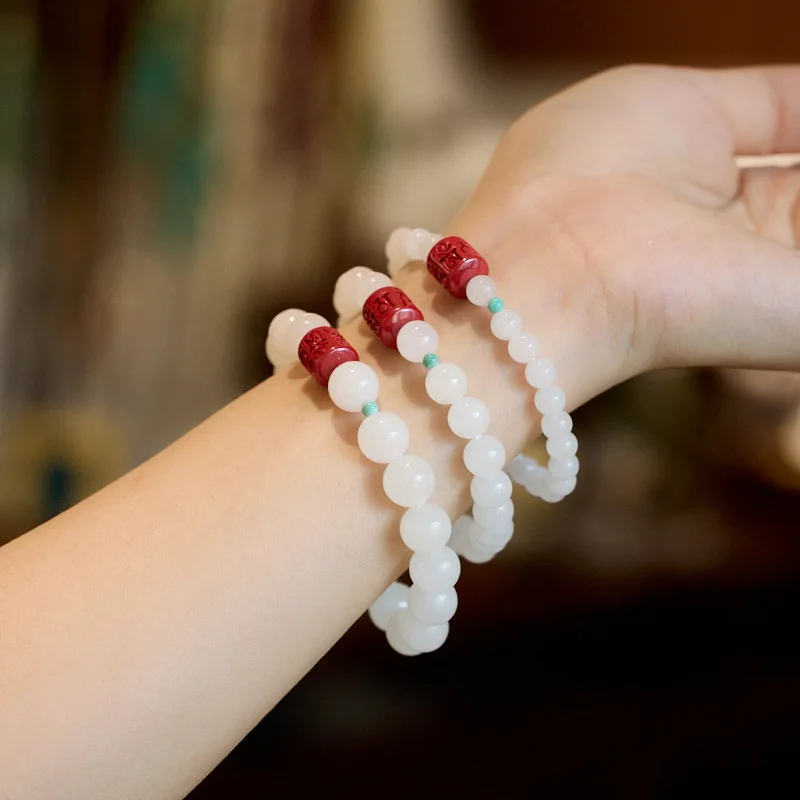 

Белый браслет для женщин с мантрой из киновари, шестислов, жадеитовыми бусинами из нефрита Хэтянь, подарок на год зодиака