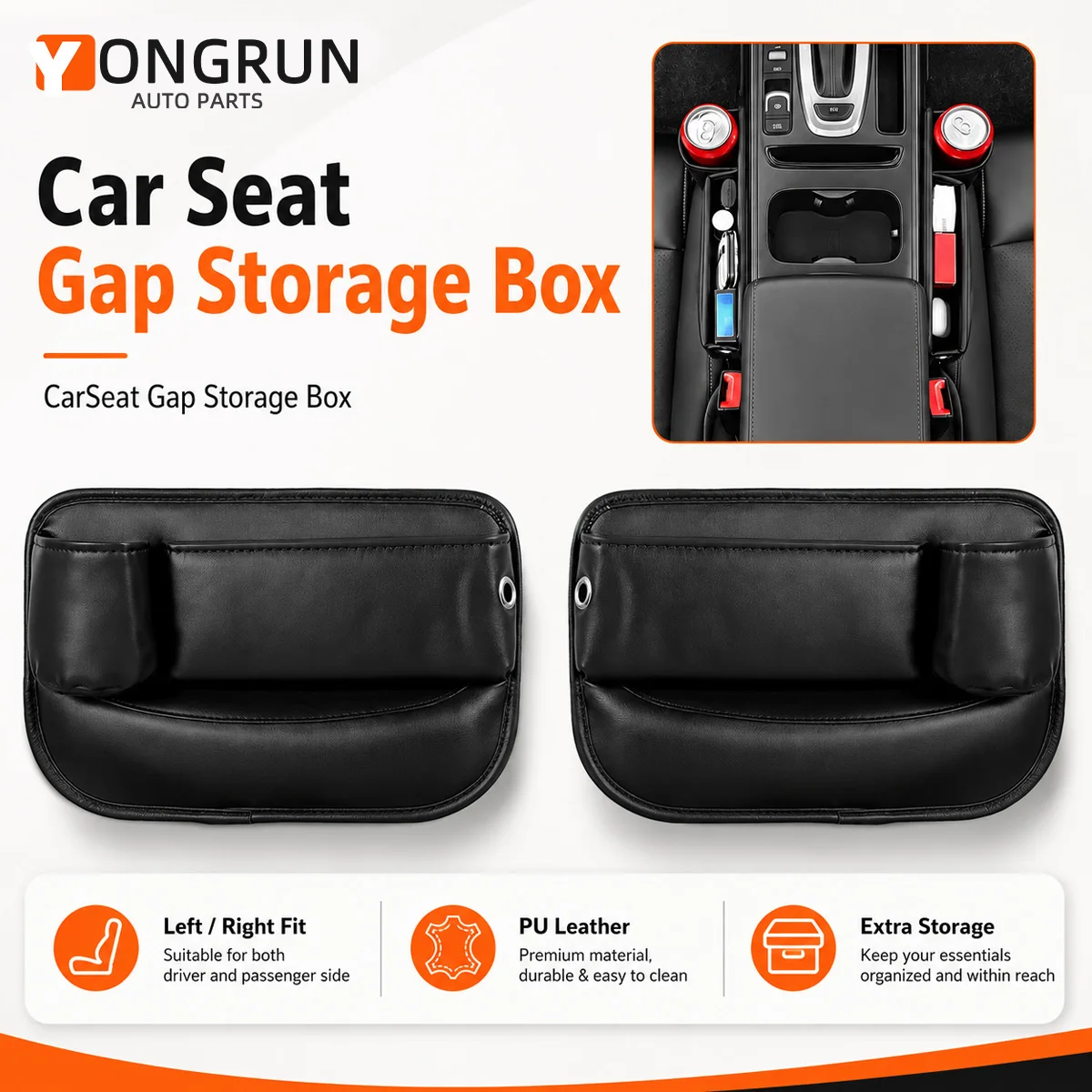 YONGRUN Car Seat Gap Storage Boxes Leather Organizer with Cup Holder Left Right Seat Filler Pocket for Phone Keys Cards Auto