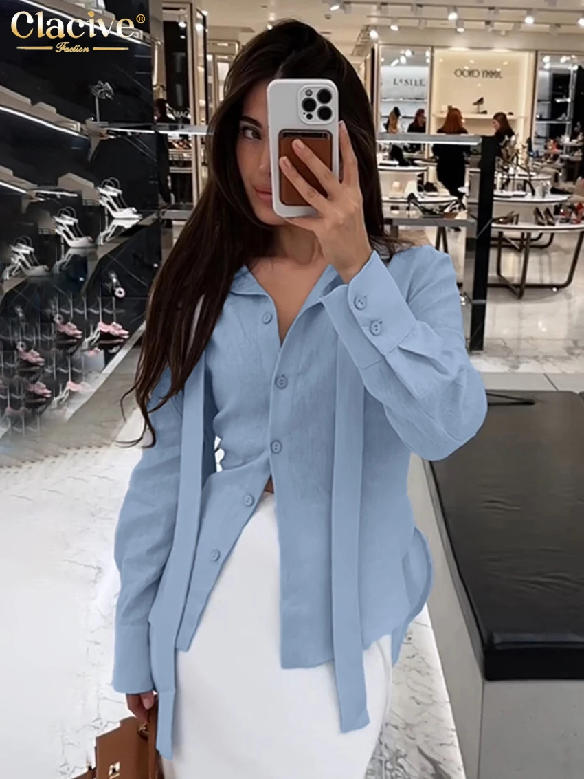 

Clacive модная свободная синяя хлопковая женская блузка 2025 повседневная рубашка с длинными рукавами и лацканами, элегантный классический однотонный топ, женская одежда