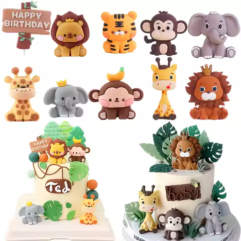 Safari Animal Cake Toppers Elephant Giraffe Lion Monkey Animals Cake Decoration For Jungle Birthday Party Baby Showers Supplies