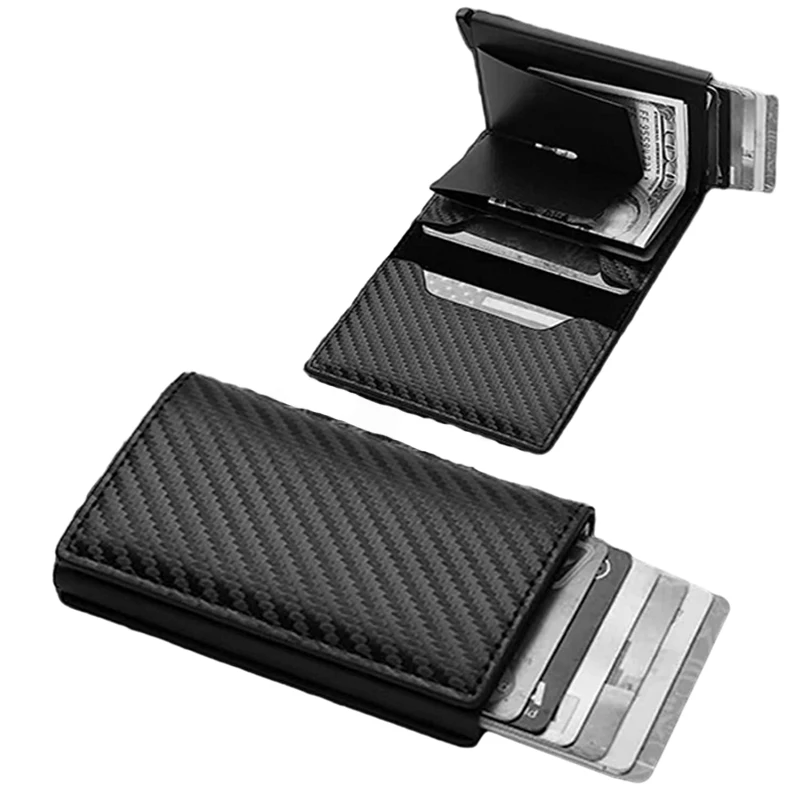 

Fashion Carbon Fiber Anti-theft Credit Card Package Pop Up Wallets Metal Cards Box Men Wallet Holder PU Purse