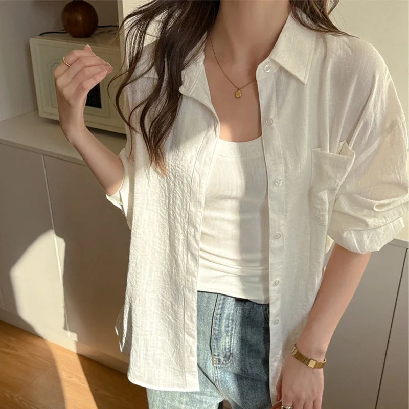 

Summer Sunscreen Shirt Coat Women Casual Loose Turn Down Collar Pocket Solid Color Blouse Woman Comfort Thin Flax Linen Shirts