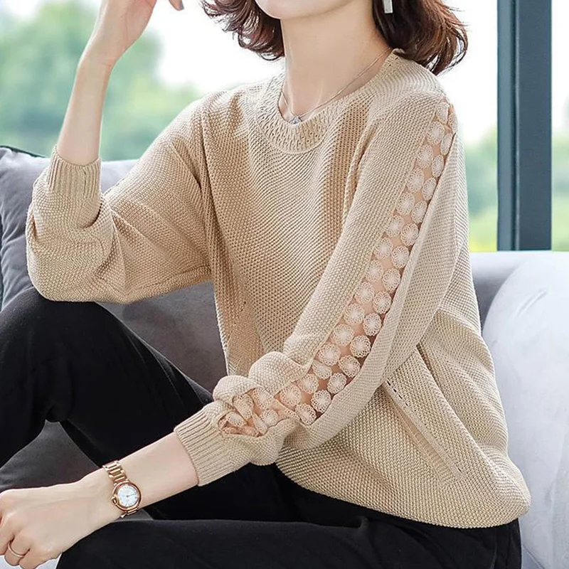 Elegant Fashion Solid Patchwork Hollow Out Knitted T-shirt Autumn 2023 New Long Sleeve O-Neck Loose Pullover Tops Women Clothing