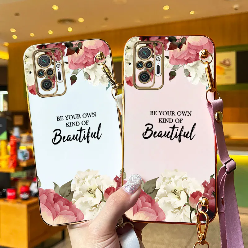 Quiet Flowers Lanyard Plating Phone Case For Xiaomi Redmi Note 10Pro 10 10T 10S 11T 11 11Pro 11E 11S 11TPro 12Pro 12S 12 Cover