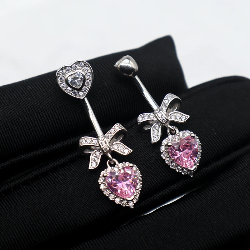 

MIQIAO Navel Ring Silver 925 Belly Button Piercing Navel Piercing Bowknot Pink Heart Jewelry 925 Sterling Silver Sexy