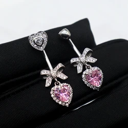 MIQIAO Navel Ring Silver 925 Belly Button Piercing Navel Piercing Bowknot Pink Heart Jewelry 925 Sterling Silver Sexy
