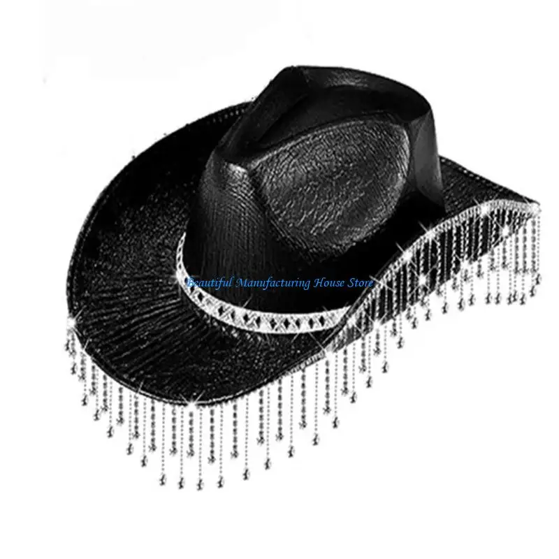 

E56A Fashion Rhinestones Fringe Cowgirl Hat Solid Color Western Cowboy Cap Wide Brim