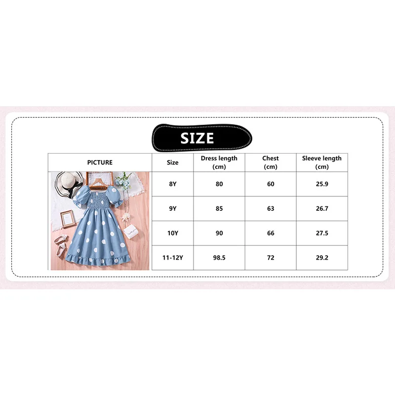 Kids Dress For Girls 8-12 Years Blue Shirred-Bodice Lantern Sleeves Polka Dot Dress Korean Leisure Daily Girls Dress