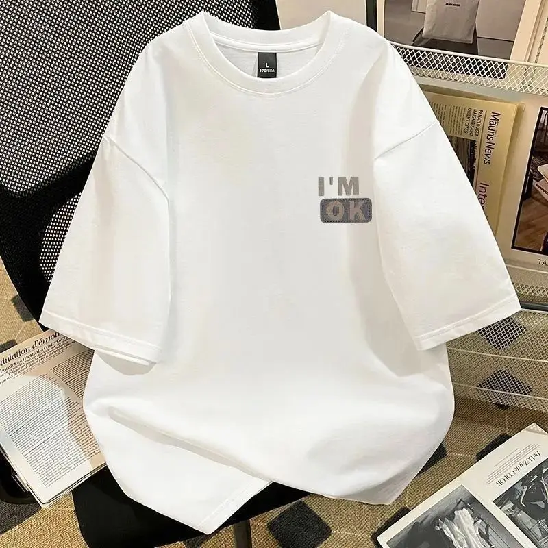 trendy faux embroidery short-sleeved men's summer wear 100% pure cotton T-shirt loose letter print