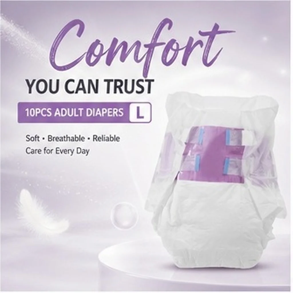 10Pcs Adult Diaper Premium Soft Breathable Nonwoven Pe Wood Pulp Macromolecule Absorbent Diapers for Elderly Wheelchair Users L