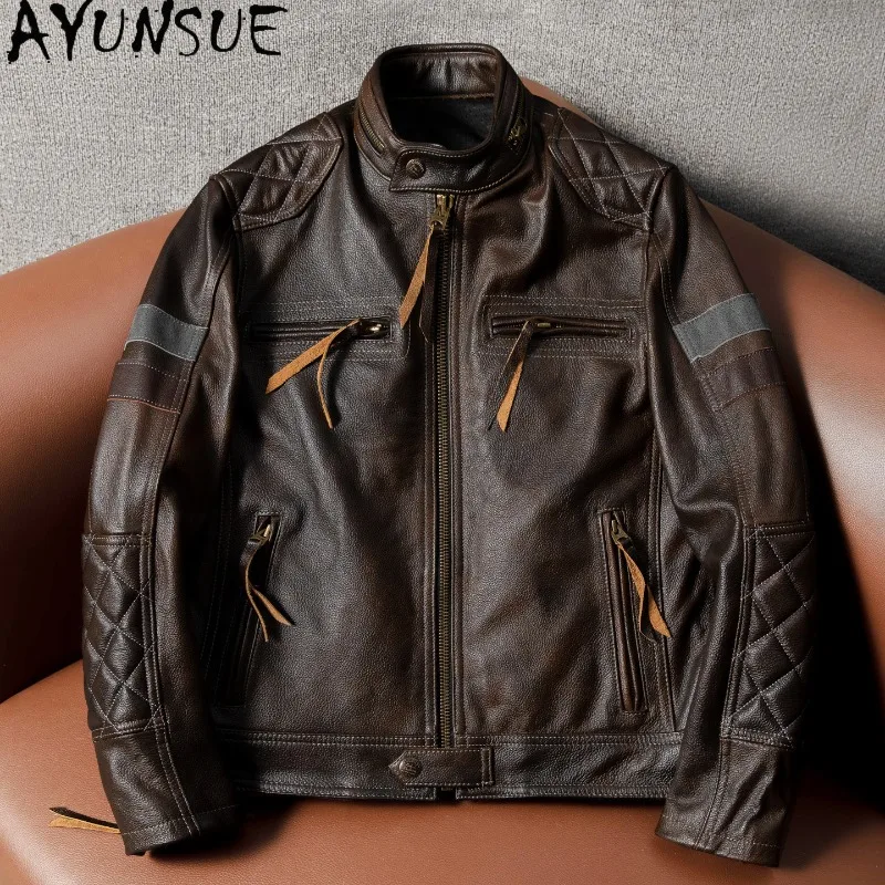 AYUNSUE Men Heavy Duty Top Layer Cowhide Leather Jacket Vintage Motorcycle Biker Real Leather Coat Removable Armor Compatible