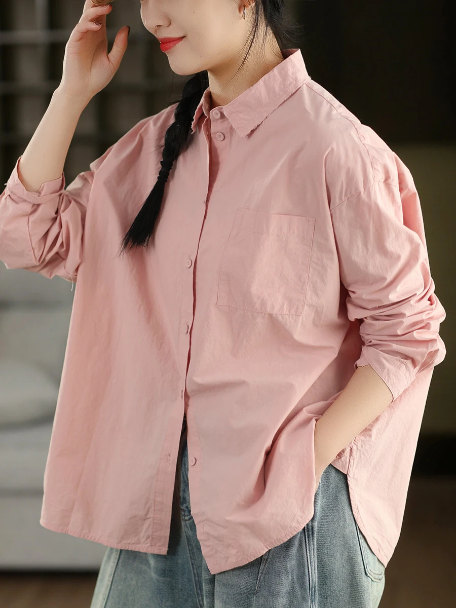 

Женская винтажная рубашка из органического хлопка с длинным рукавом, свободного кроя, однотонная, с воротником, обработанная фруктовыми ферментами, в стиле ретро