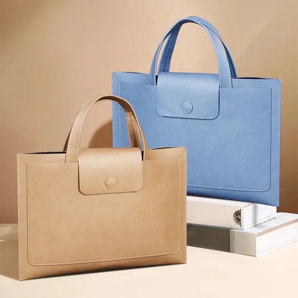 Large Capacity A4 Leather Document Bag Magnetic Button Simple Double Layer File Folder Anti-Scratch with Handle
