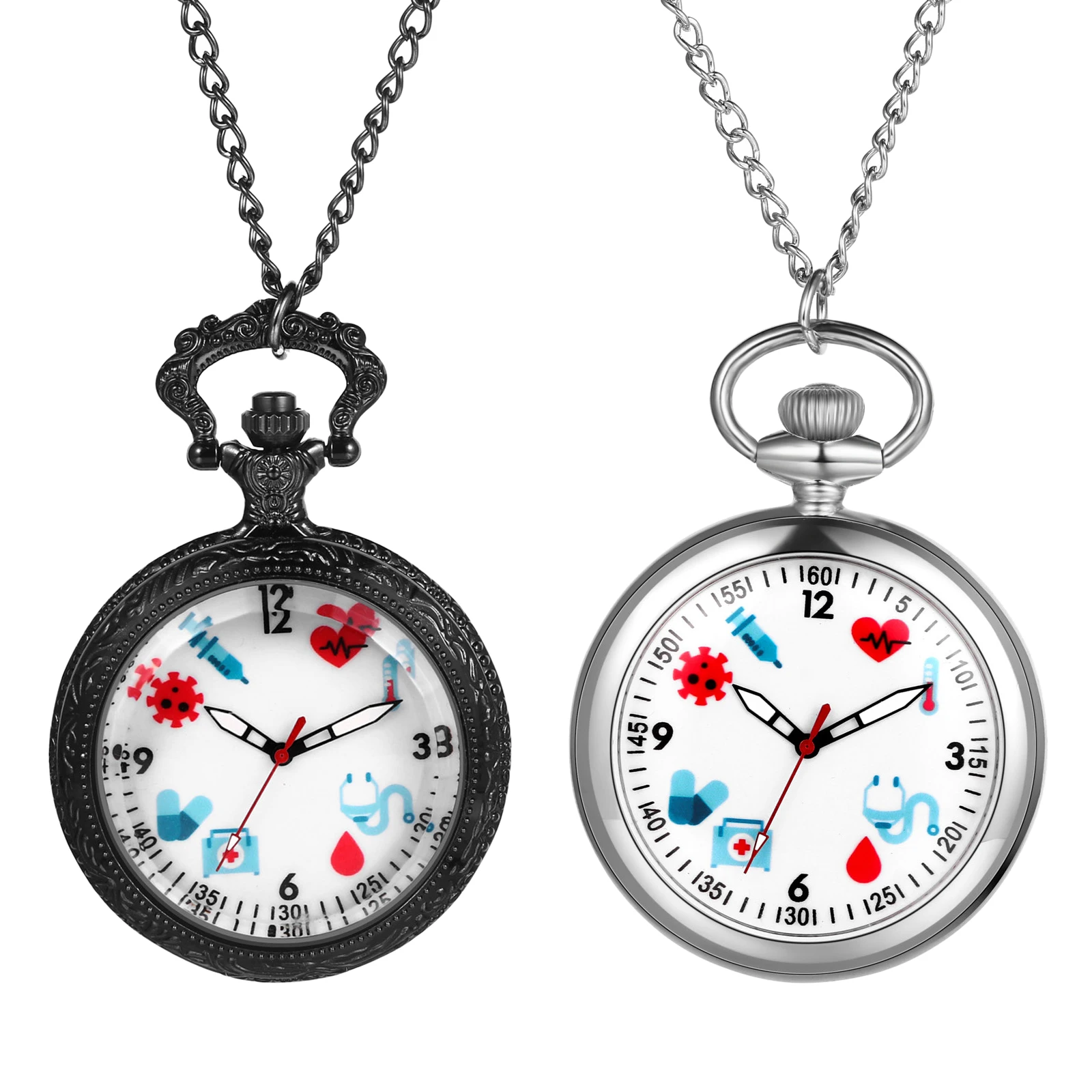 นาฬิกาควอทซ์แอนะล็อก lancardo สำหรับงานทางการแพทย์นาฬิกาพกแบบใสสร้อยคล้องคอสำหรับทุกเพศสีดำ