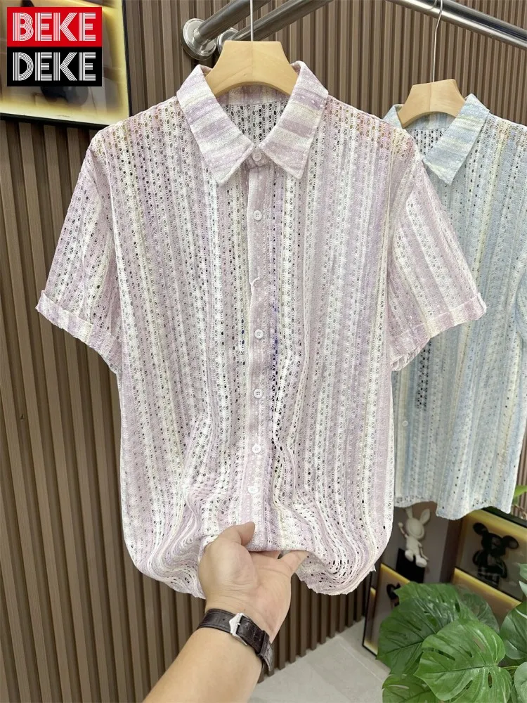 

Summer Fashion Mens Hollow Out Striped Shirt Short Sleeve New Hawaii Tops Single Breasted Breathable Streetwear Casual Shirts