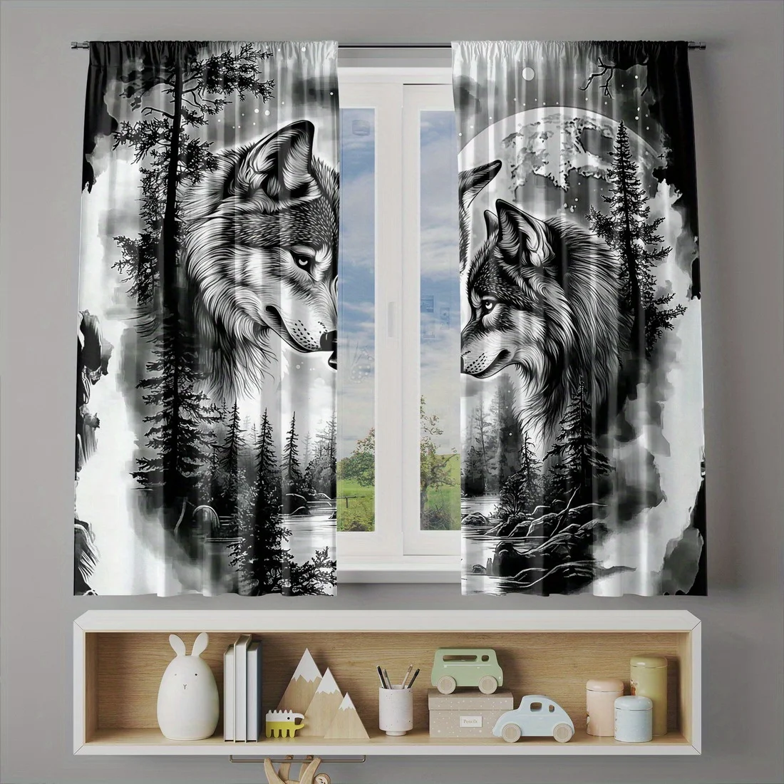 Dramatic Wolf Portrait Curtains Black and White Forest Landscape Print Window Drapes for Modern Rustic Living Room Decor