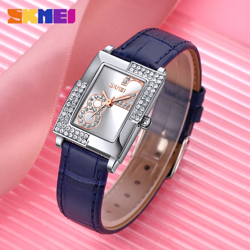 Elegant woman watch skmei waterproof 2022 trend Shine Rhinestone rectangle blue wrist watches for women gift for girlfriend 9289