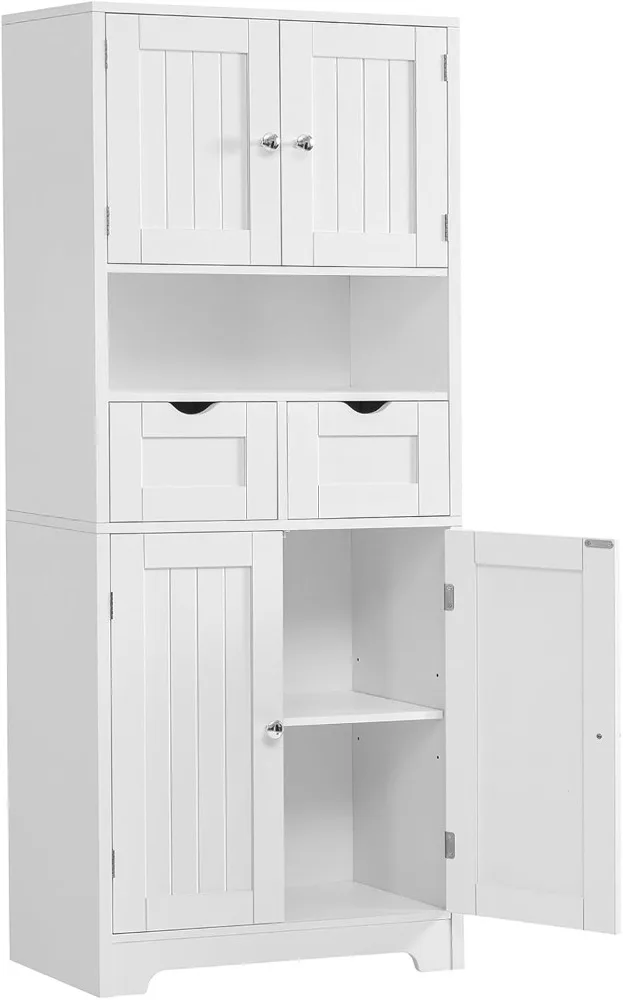 Iwell Tall Storage Cabinet, Bathroom Cabinet with Adjustable Shelf & 2 Drawers, Linen Cabinet, Floor Cabinet for Living Room