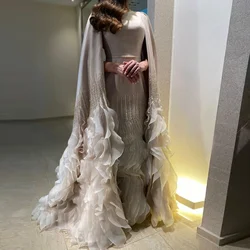 Elegant Mermaid Nude Evening Dresses with Cape Sleeves Luxury Dubai Tiered Ruffles Arabic Women Wedding Party GownsWedding Dress