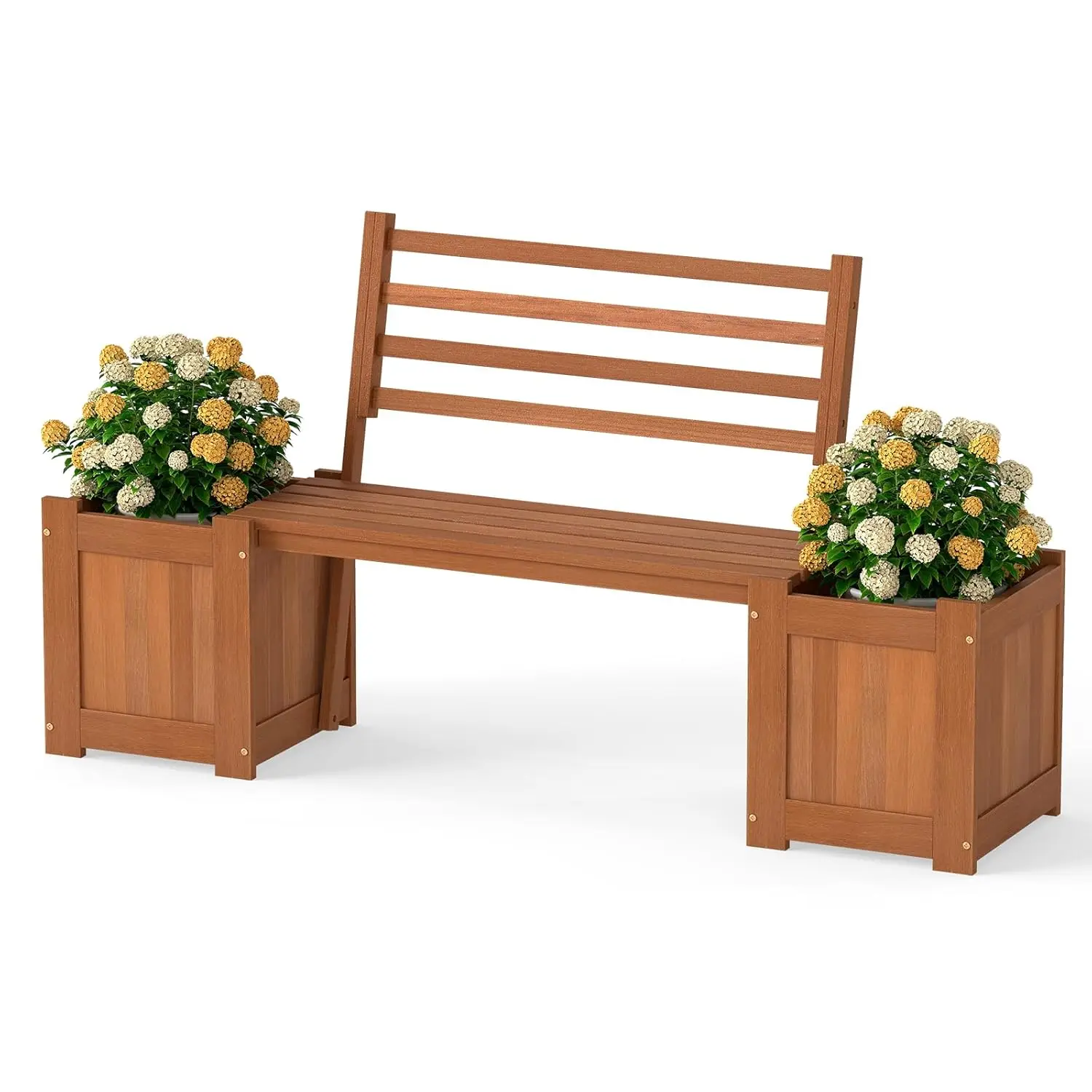

2-in-1 Outdoor Bench with Backrest & 2 Raised Garden Beds, Wood with Teak Oil Finish, Planter Boxes with Open-Ended, Customized