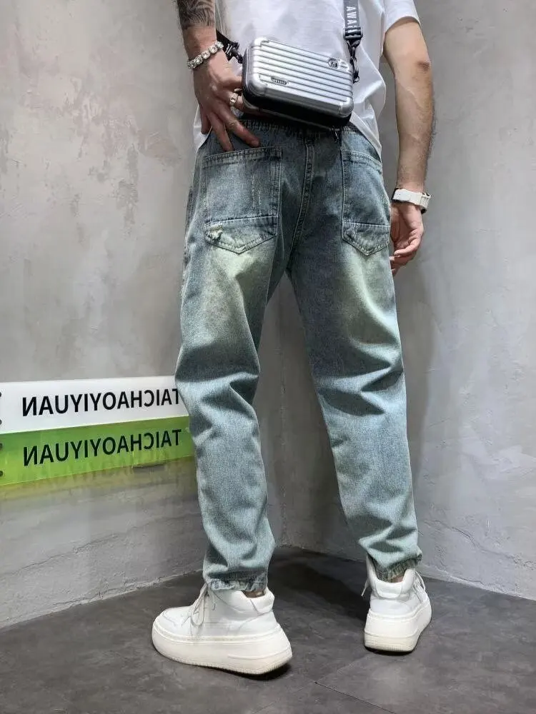 Summer Cropped Ripped Jeans Men's Loose Retro Ankle-Tied Harem Pants Pants Internet Hot Fashion Brand Scrape Beggar Pants